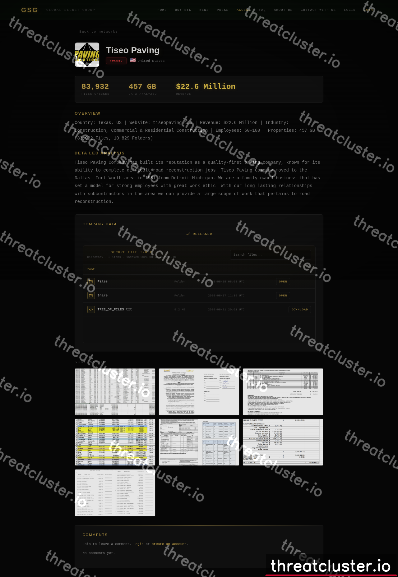 Leak-site post naming Tiseo Paving, captured by ThreatCluster