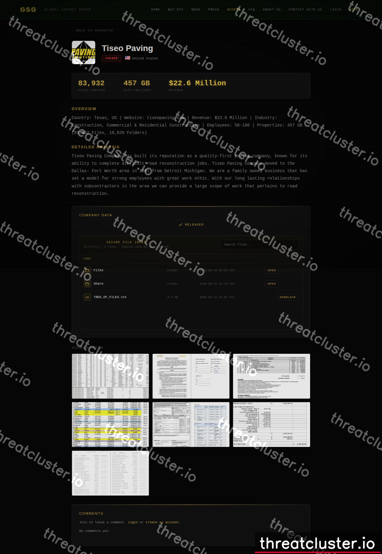 Leak-site post naming Tiseo Paving, captured by ThreatCluster