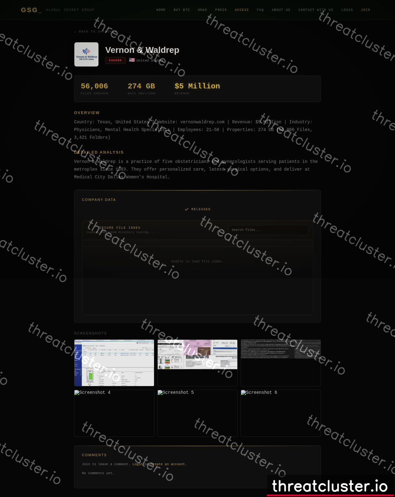 Leak-site post naming Vernon & Waldrep, captured by ThreatCluster