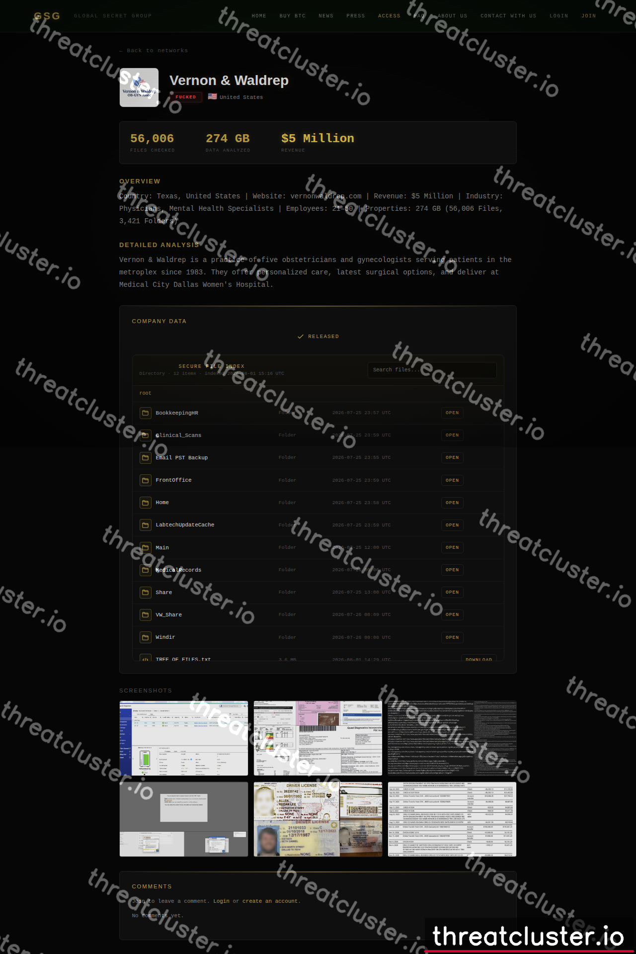 Leak-site post naming Vernon & Waldrep, captured by ThreatCluster
