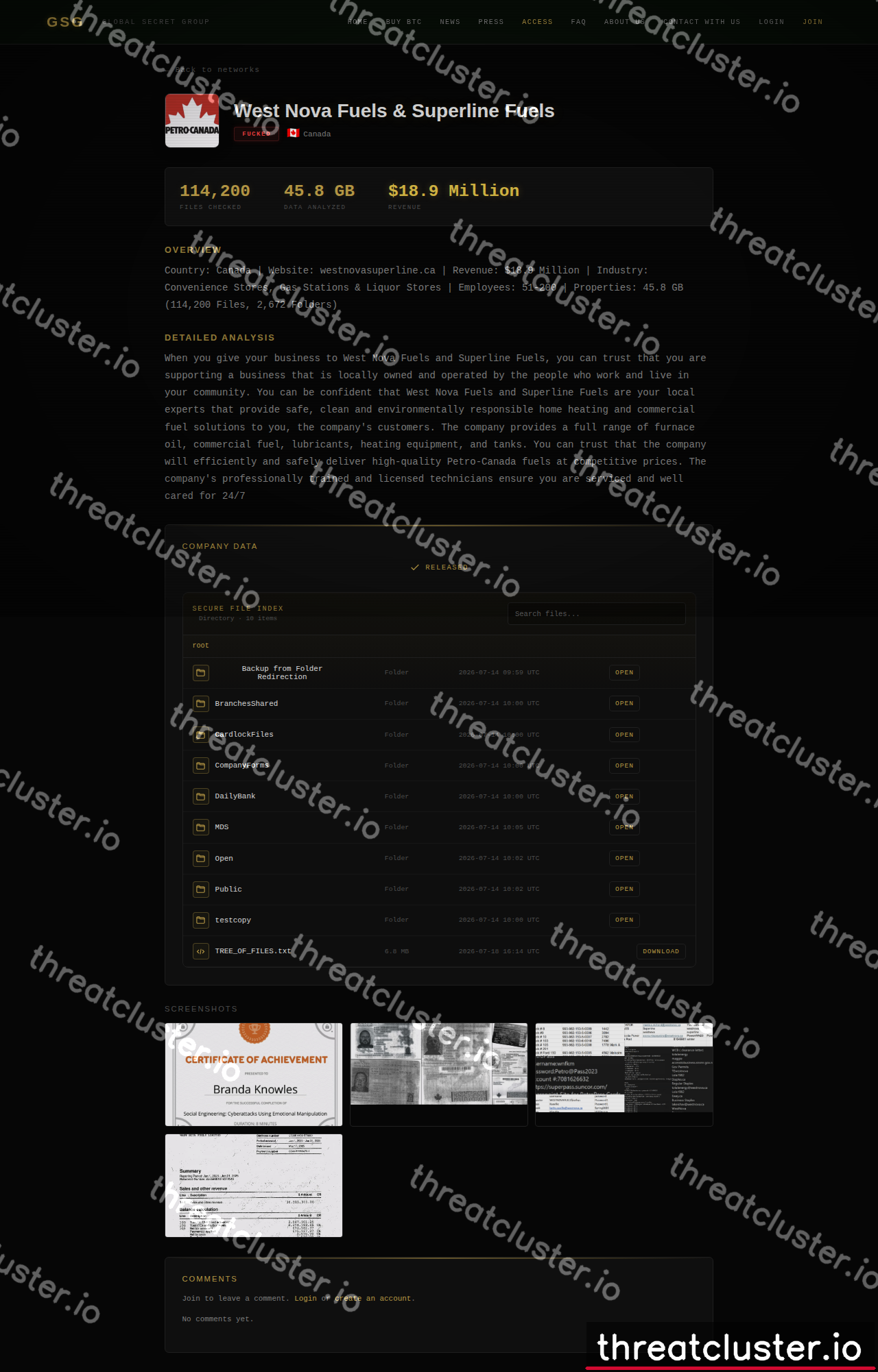 Leak-site post naming West Nova Fuels & Superline Fuels, captured by ThreatCluster