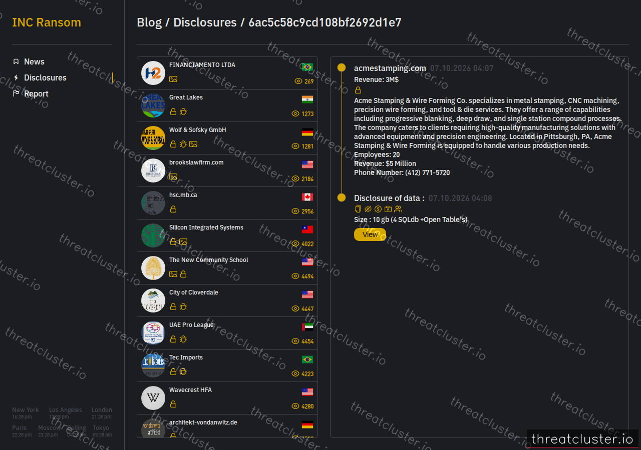 Leak-site post naming acmestamping.com, captured by ThreatCluster