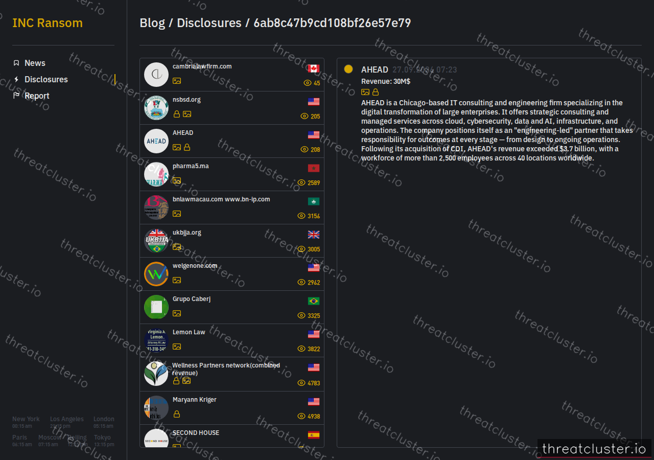 Leak-site post naming AHEAD, captured by ThreatCluster