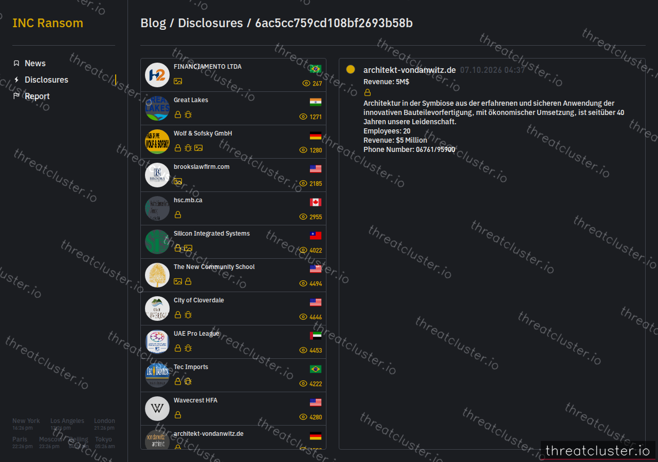 Leak-site post naming architekt-vondanwitz.de, captured by ThreatCluster