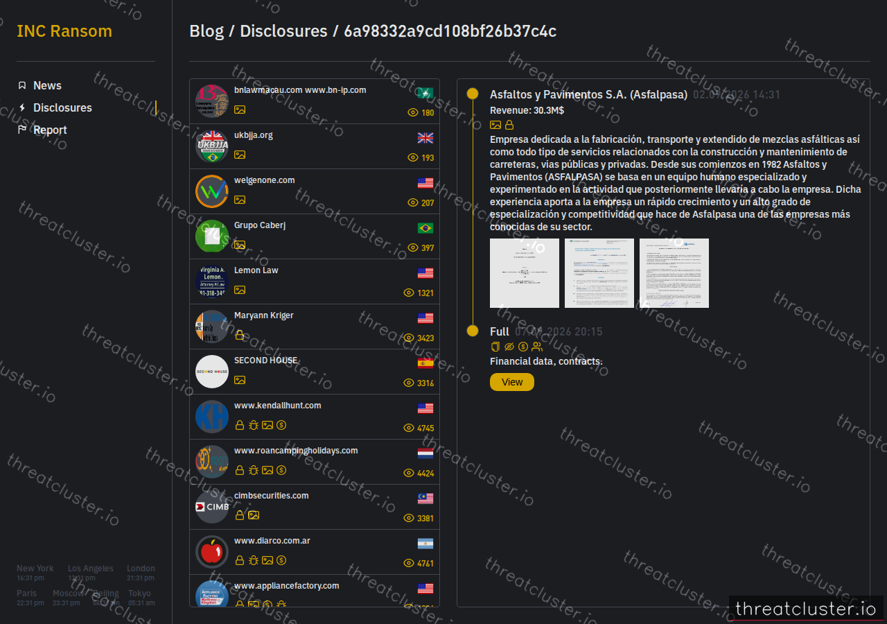 Leak-site post naming Asfaltos y Pavimentos S.A. (Asfalpasa), captured by ThreatCluster