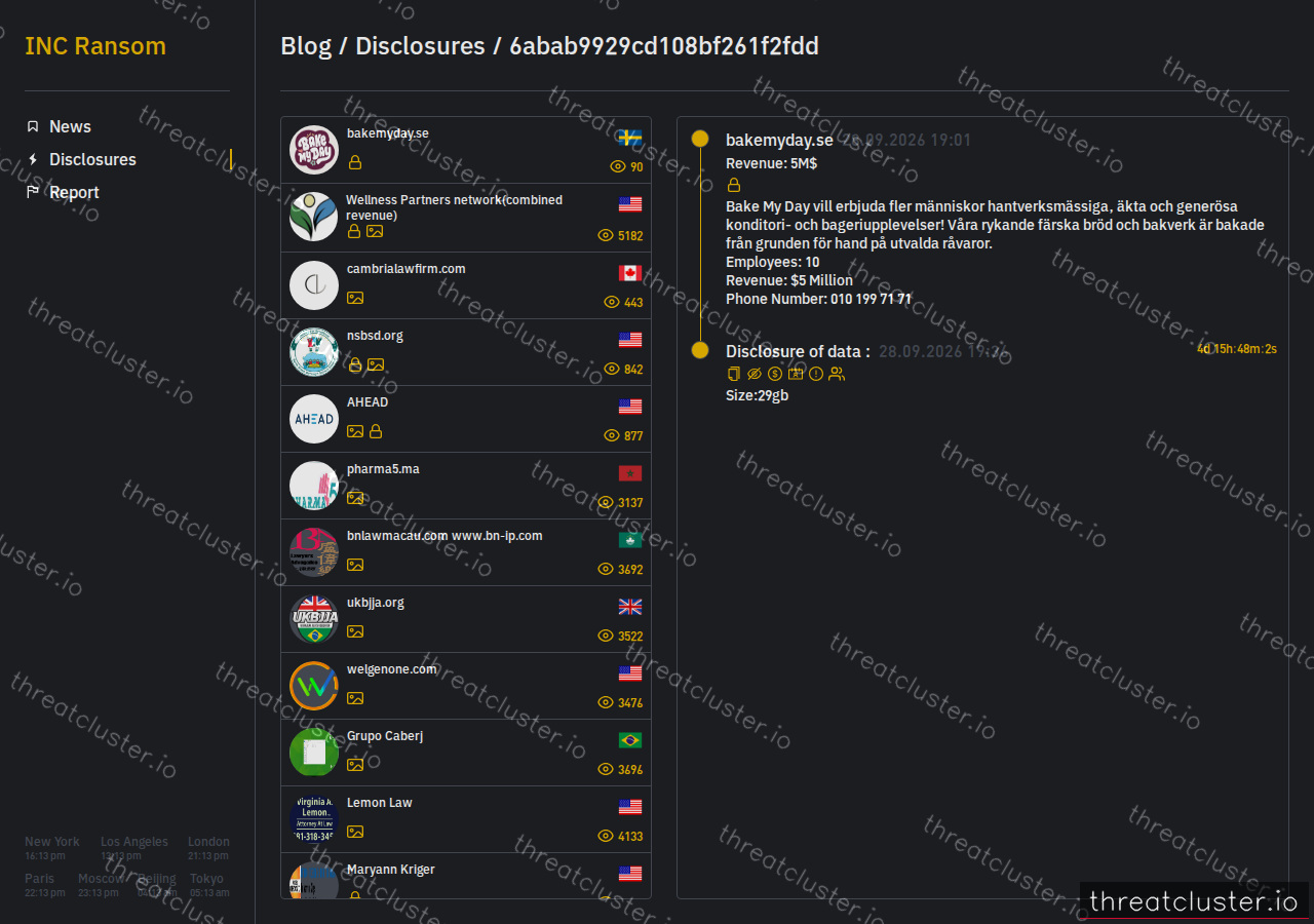 Leak-site post naming bakemyday.se, captured by ThreatCluster