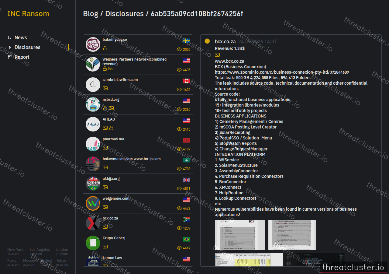 Leak-site post naming bcx.co.za, captured by ThreatCluster
