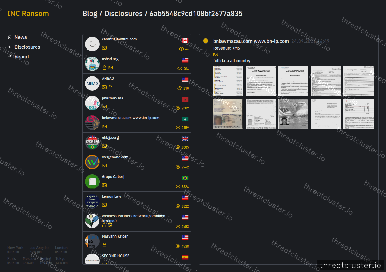 Leak-site post naming bnlawmacau.com www.bn-ip.com, captured by ThreatCluster
