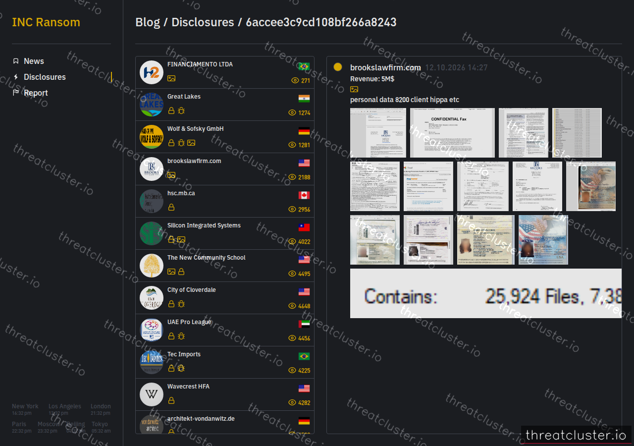 Leak-site post naming brookslawfirm.com, captured by ThreatCluster