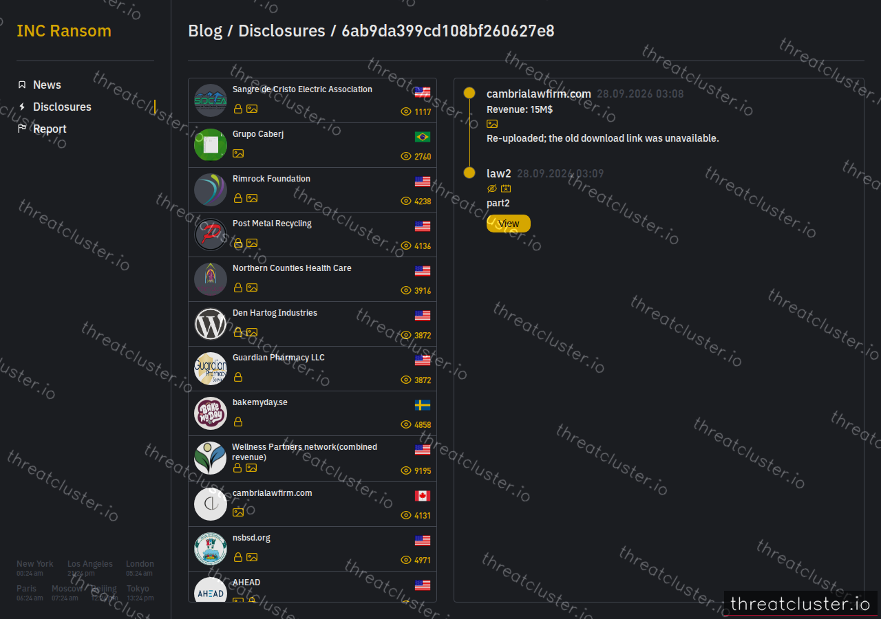 Leak-site post naming cambrialawfirm.com, captured by ThreatCluster