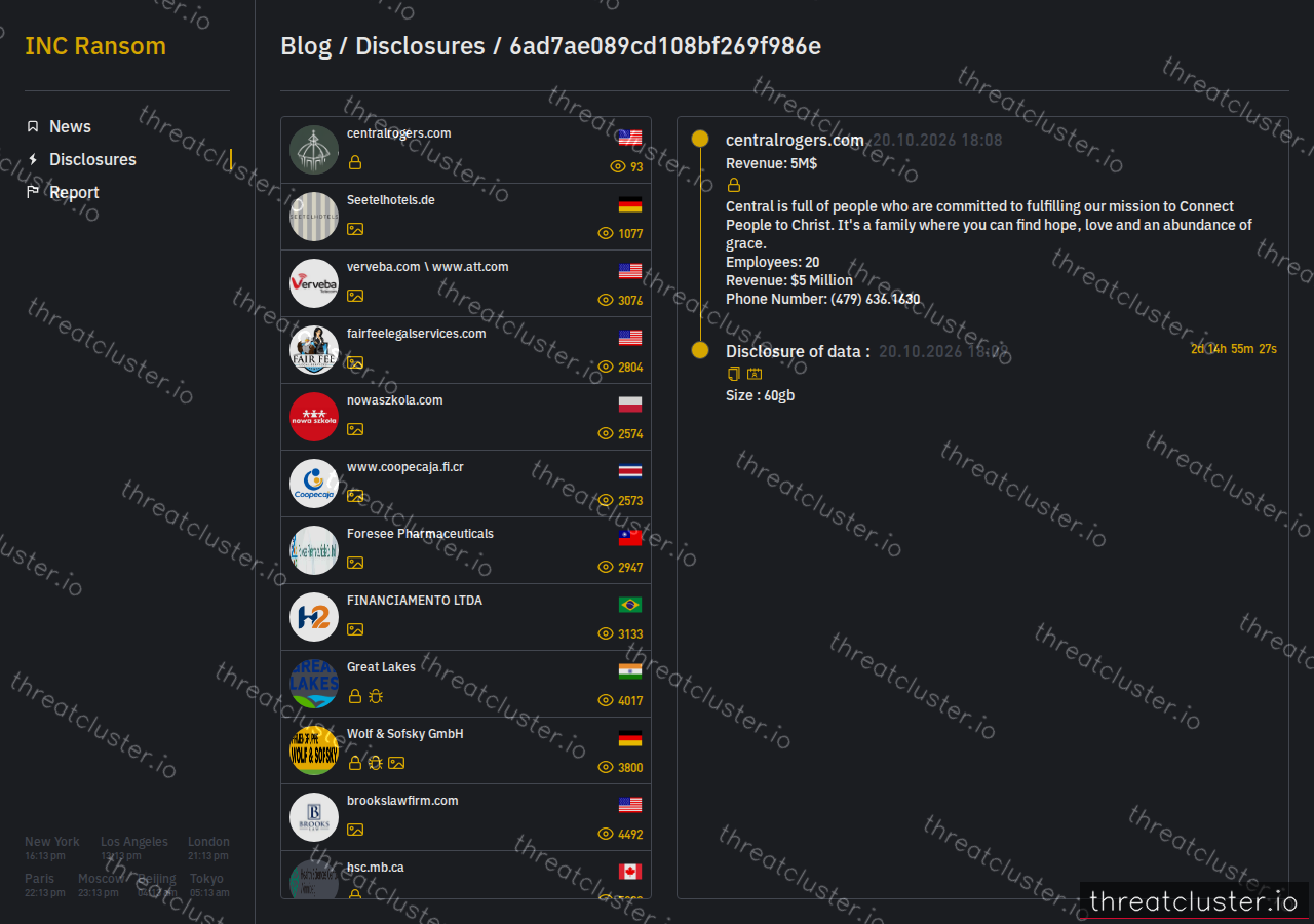 Leak-site post naming centralrogers.com, captured by ThreatCluster