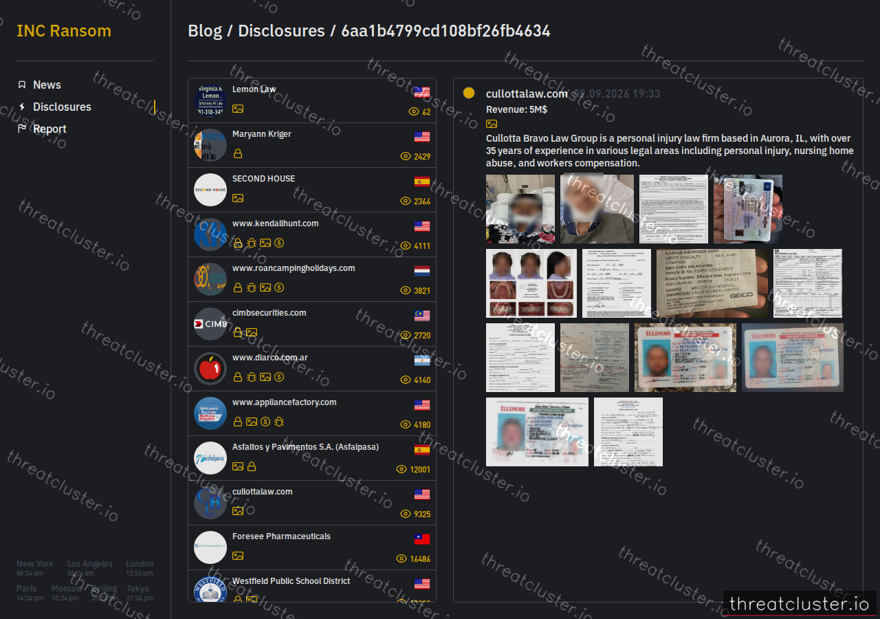 Leak-site post naming cullottalaw.com, captured by ThreatCluster