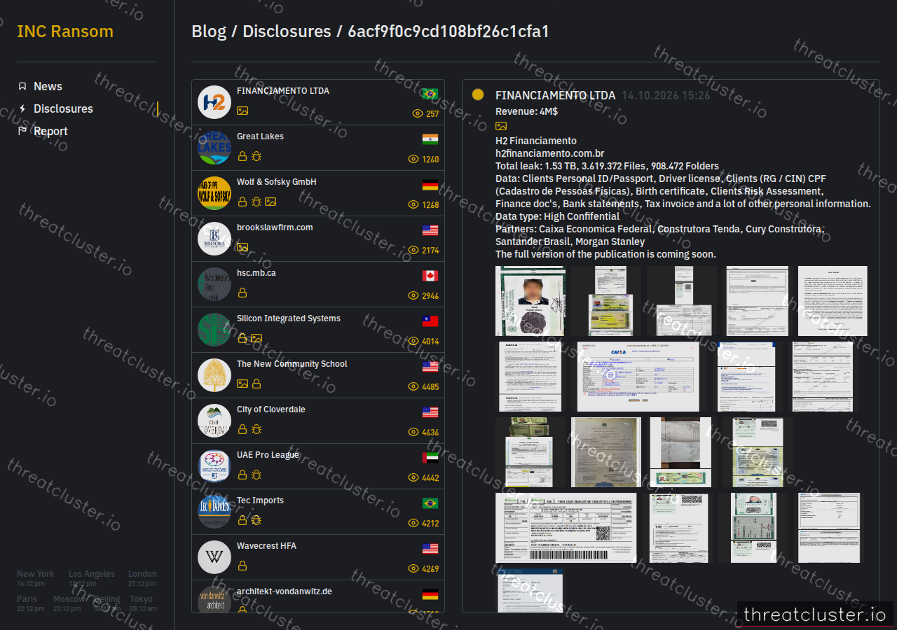 Leak-site post naming FINANCIAMENTO LTDA, captured by ThreatCluster