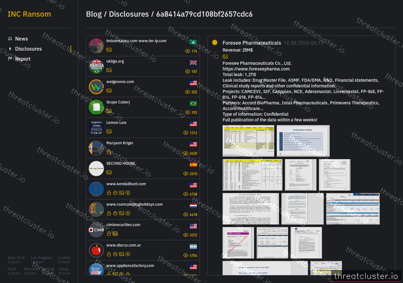 Leak-site post naming Foresee Pharmaceuticals, captured by ThreatCluster