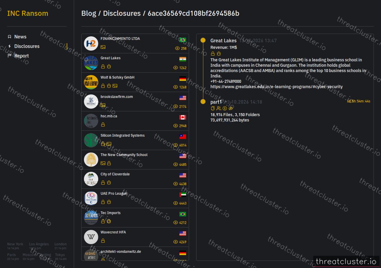 Leak-site post naming Great Lakes, captured by ThreatCluster