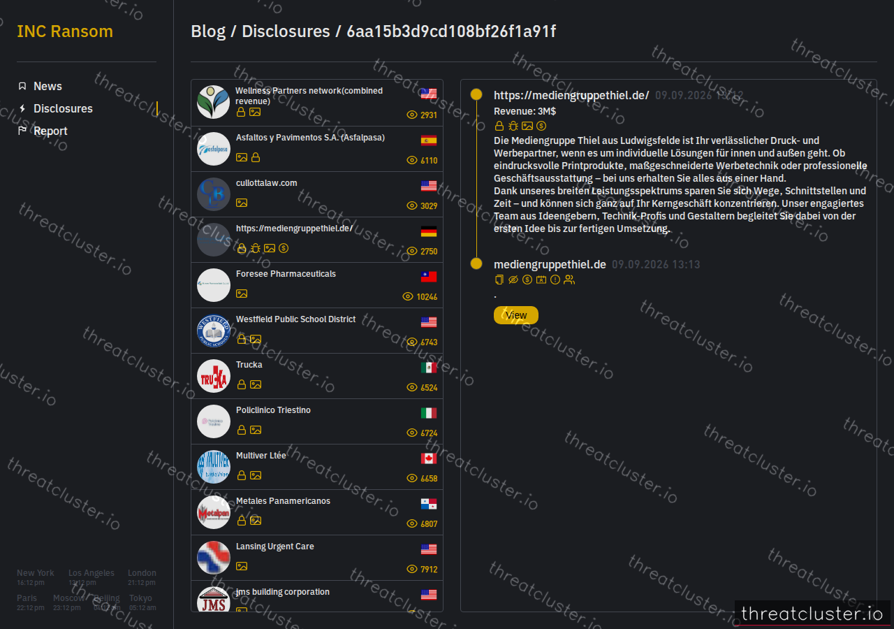 Leak-site post naming https://mediengruppethiel.de/, captured by ThreatCluster