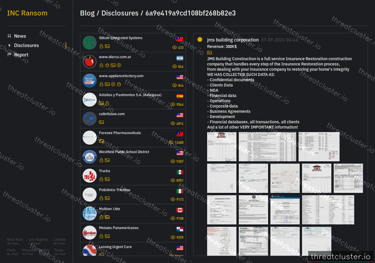 Leak-site post naming jms building corporation, captured by ThreatCluster