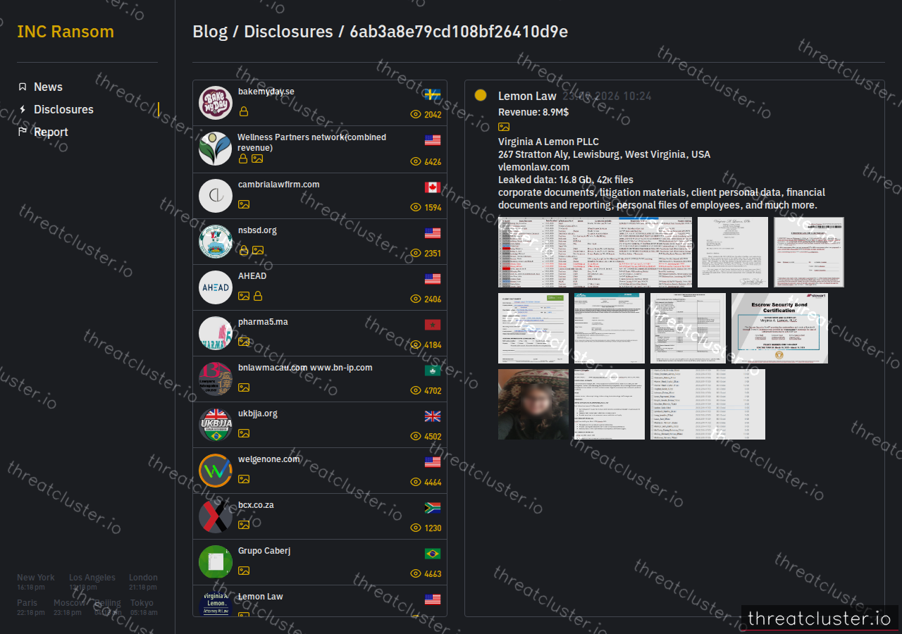 Leak-site post naming Lemon Law, captured by ThreatCluster