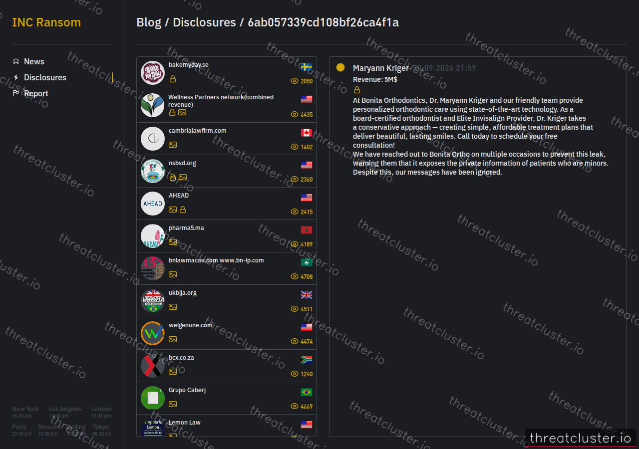 Leak-site post naming Maryann Kriger, captured by ThreatCluster