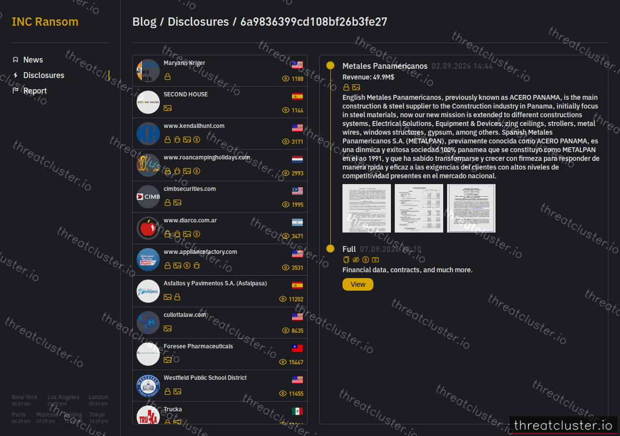 Leak-site post naming Metales Panamericanos, captured by ThreatCluster