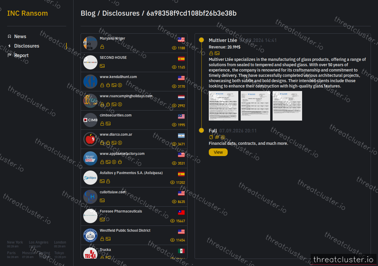 Leak-site post naming Multiver Ltée, captured by ThreatCluster