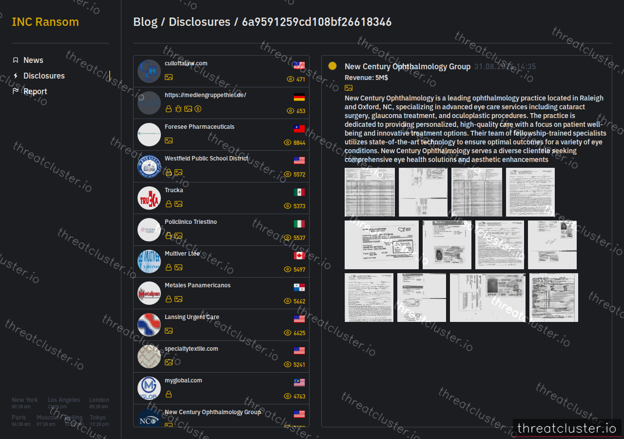 Leak-site post naming New Century Ophthalmology Group, captured by ThreatCluster