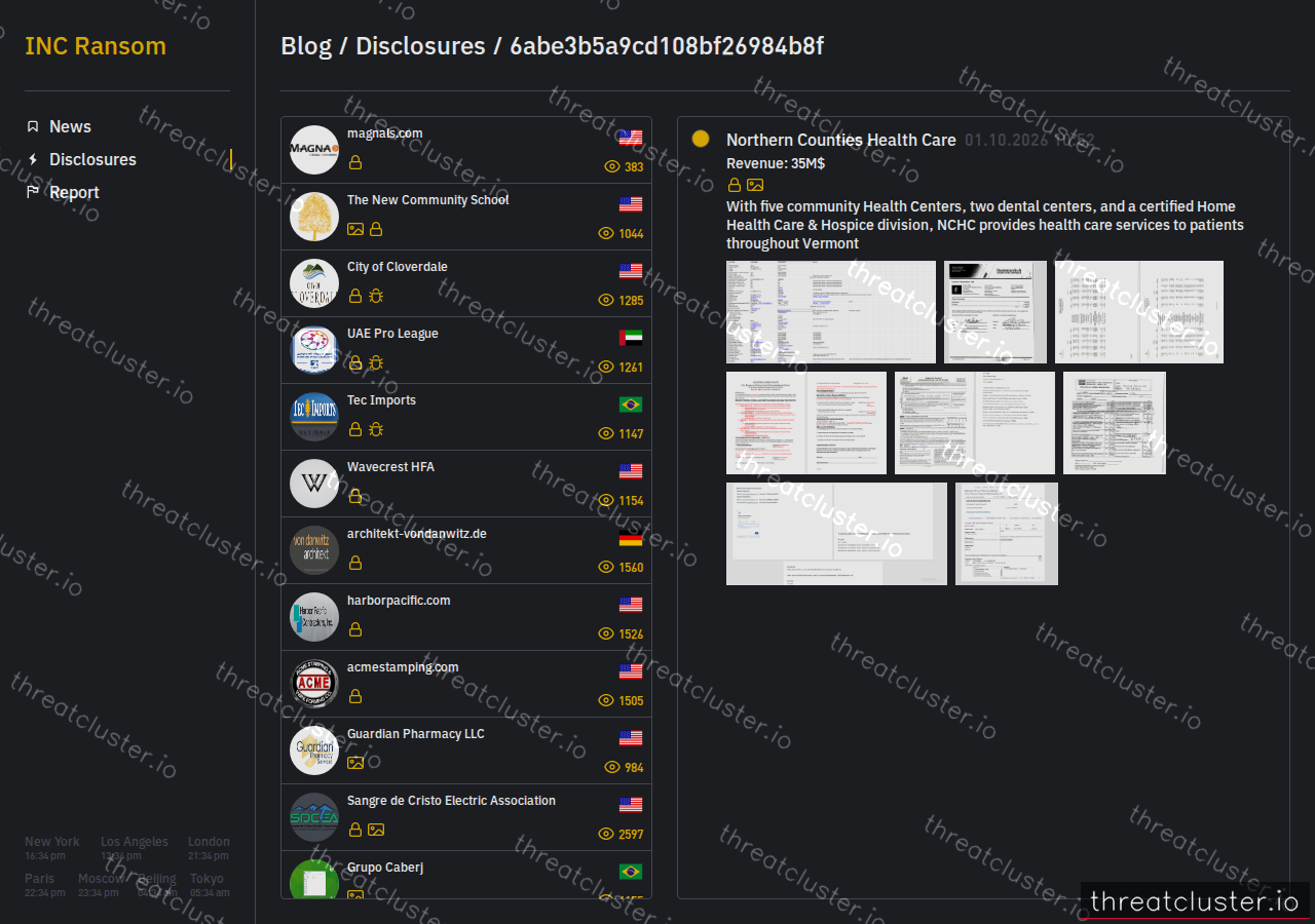 Leak-site post naming Northern Counties Health Care, captured by ThreatCluster