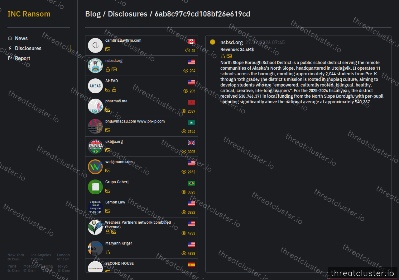 Leak-site post naming nsbsd.org, captured by ThreatCluster