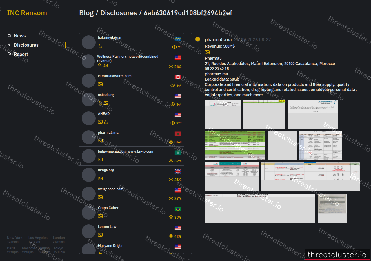Leak-site post naming pharma5.ma, captured by ThreatCluster