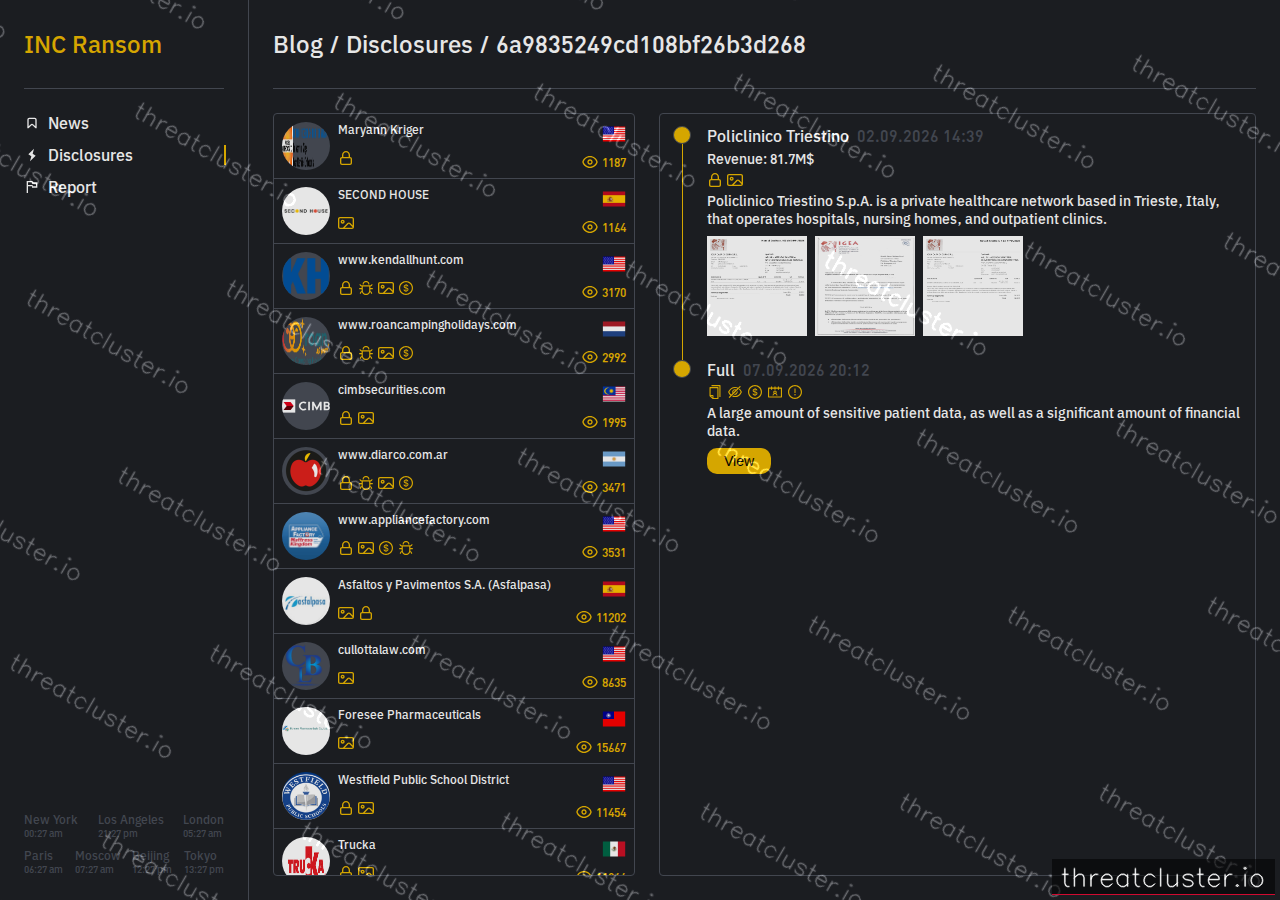 Leak-site post naming Policlinico Triestino, captured by ThreatCluster