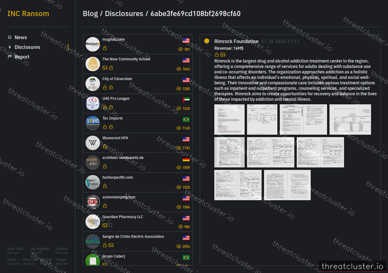 Leak-site post naming Rimrock Foundation, captured by ThreatCluster