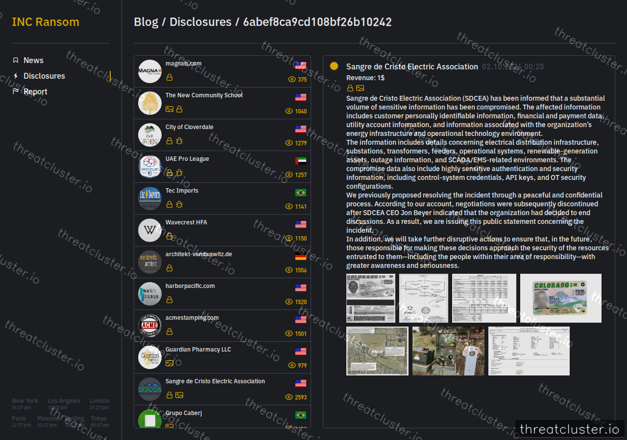 Leak-site post naming Sangre de Cristo Electric Association, captured by ThreatCluster