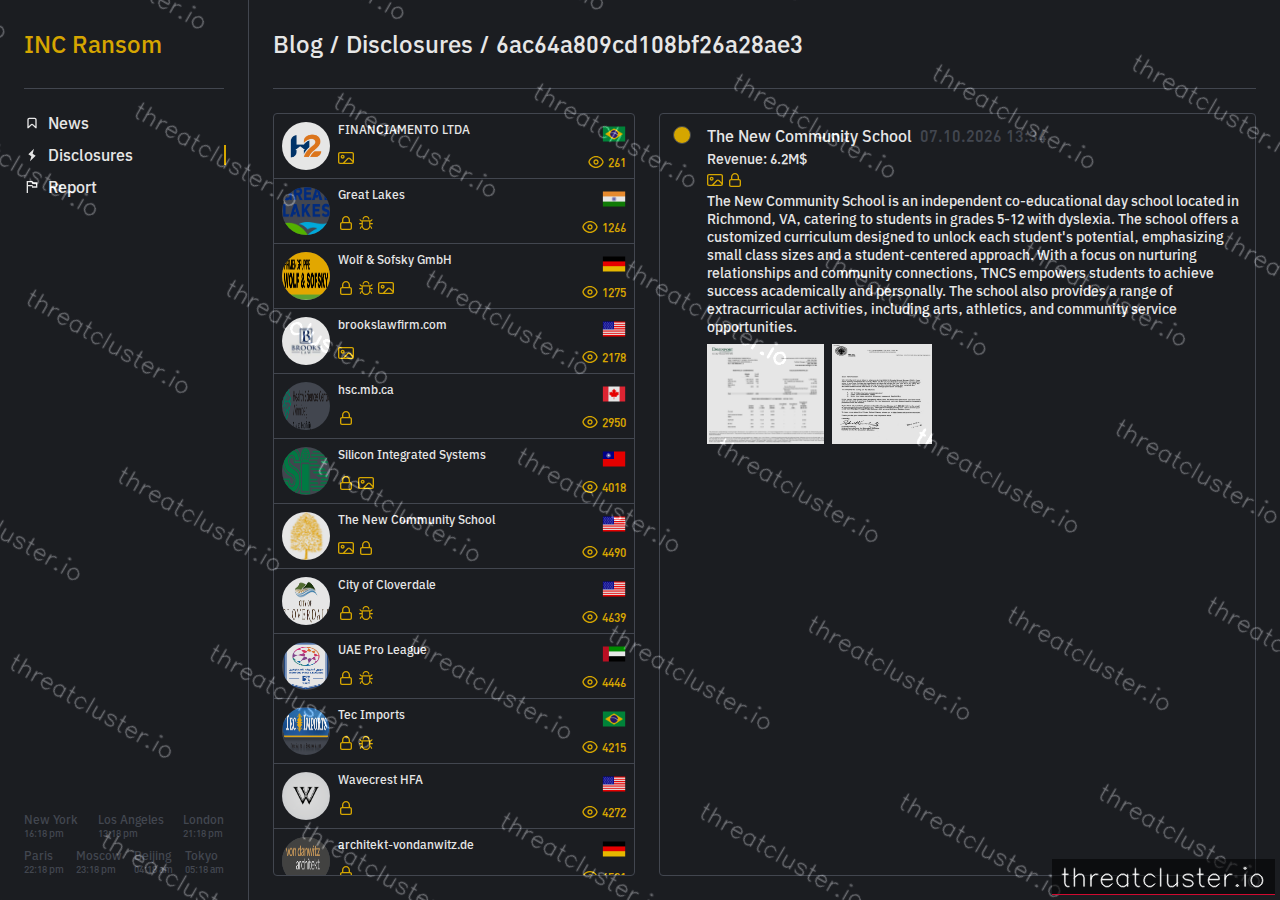 Leak-site post naming The New Community School, captured by ThreatCluster