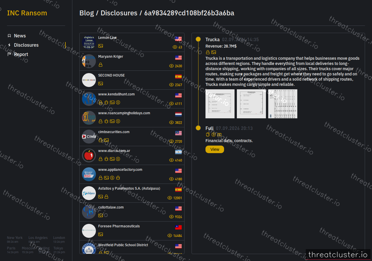 Leak-site post naming Trucka, captured by ThreatCluster