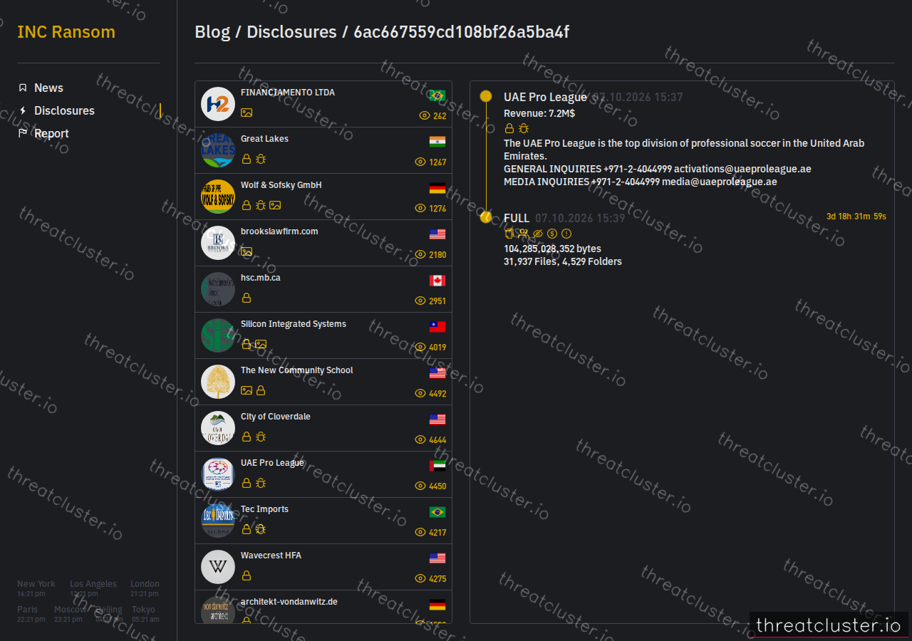 Leak-site post naming UAE Pro League, captured by ThreatCluster