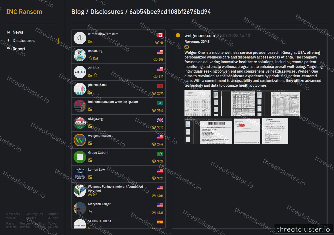 Leak-site post naming welgenone.com, captured by ThreatCluster