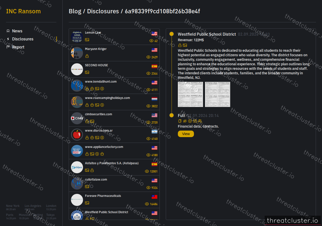 Leak-site post naming Westfield Public School District, captured by ThreatCluster
