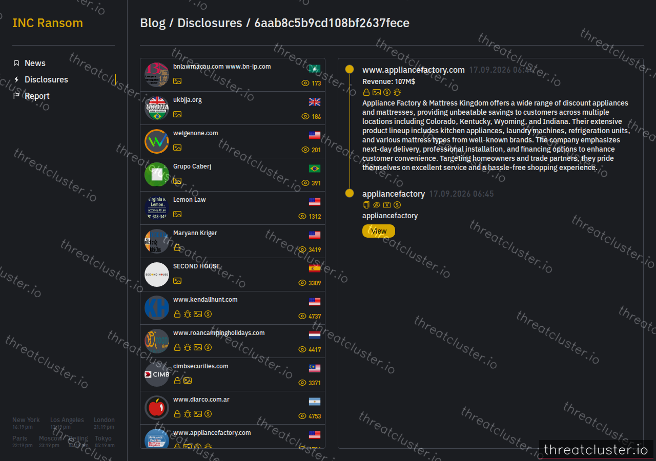 Leak-site post naming www.appliancefactory.com, captured by ThreatCluster