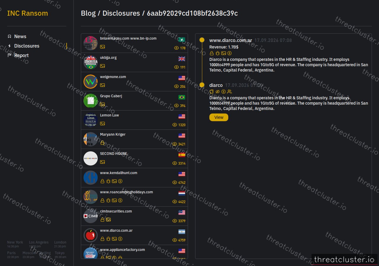 Leak-site post naming www.diarco.com.ar, captured by ThreatCluster