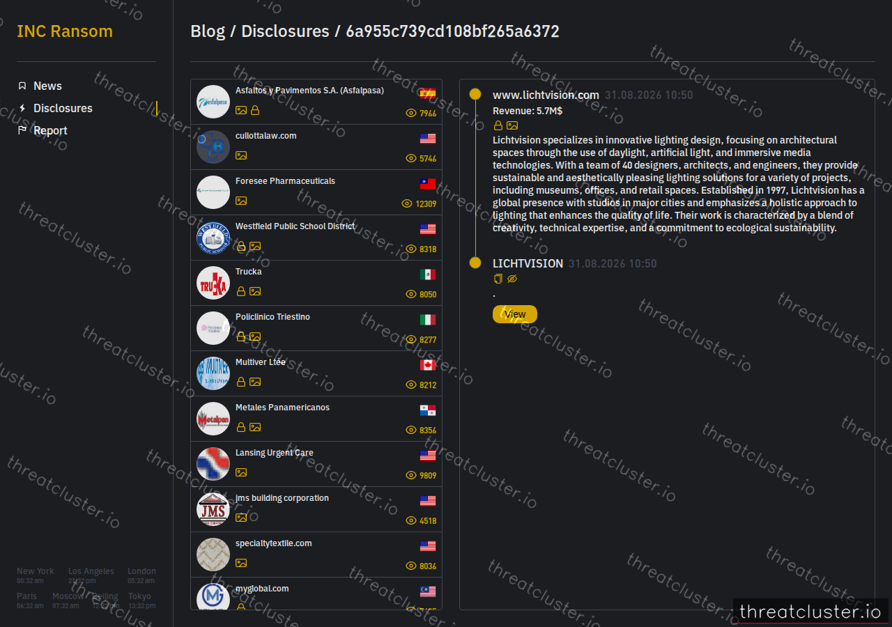 Leak-site post naming www.lichtvision.com, captured by ThreatCluster