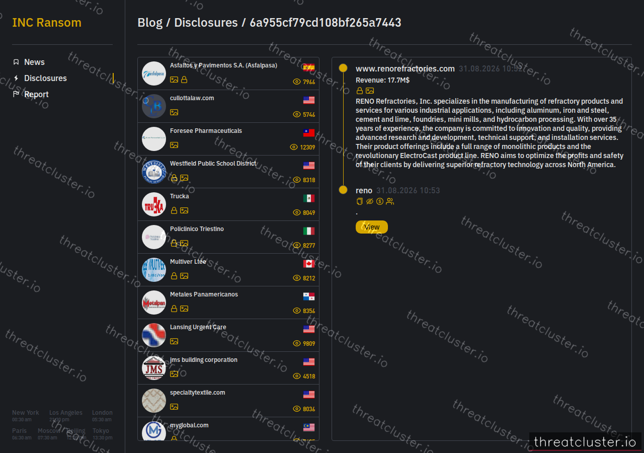 Leak-site post naming www.renorefractories.com, captured by ThreatCluster