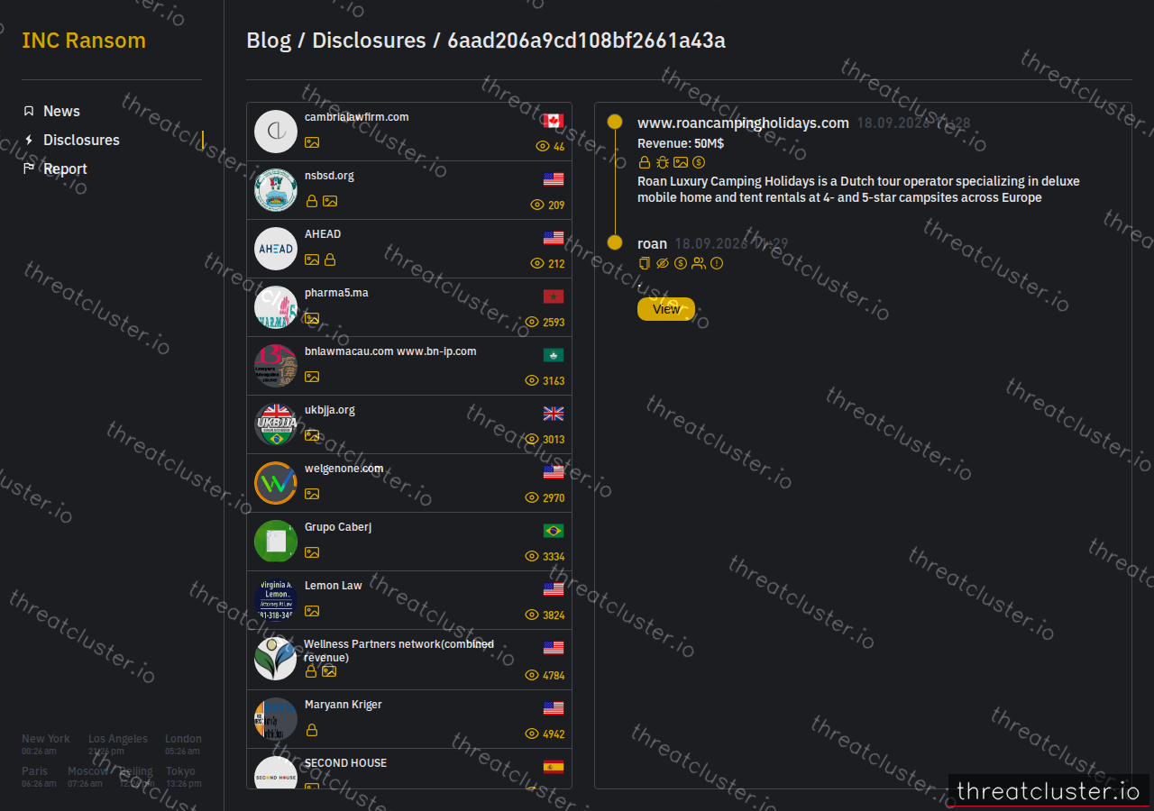 Leak-site post naming www.roancampingholidays.com, captured by ThreatCluster