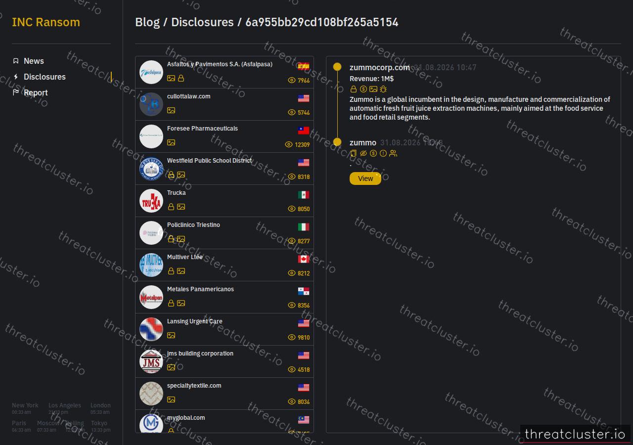 Leak-site post naming zummocorp.com, captured by ThreatCluster