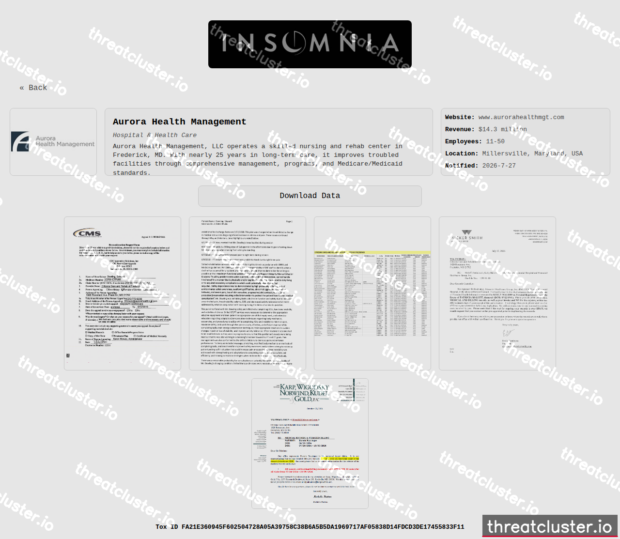 Leak-site post naming Aurora Health Management, captured by ThreatCluster