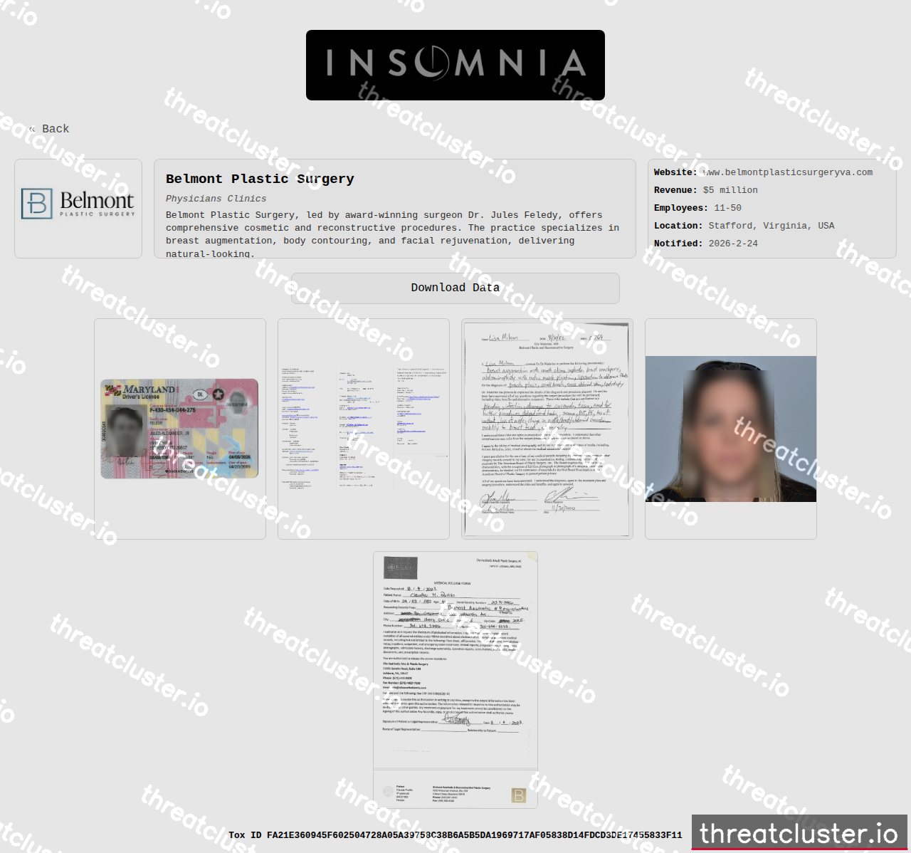 Leak-site post naming Belmont Plastic Surgery, captured by ThreatCluster