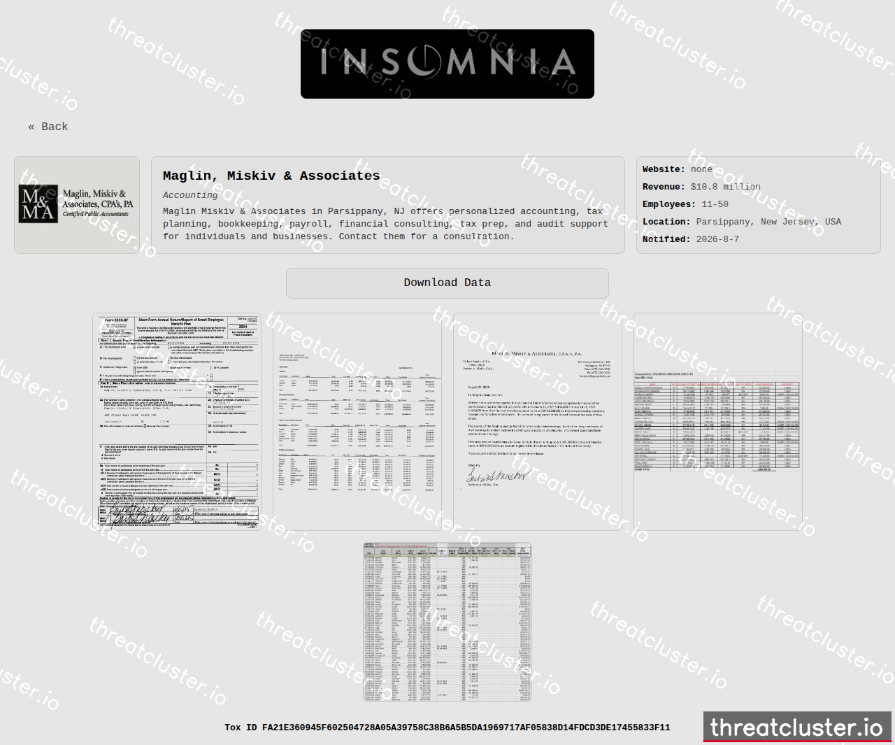 Leak-site post naming Maglin, Miskiv & Associates, captured by ThreatCluster