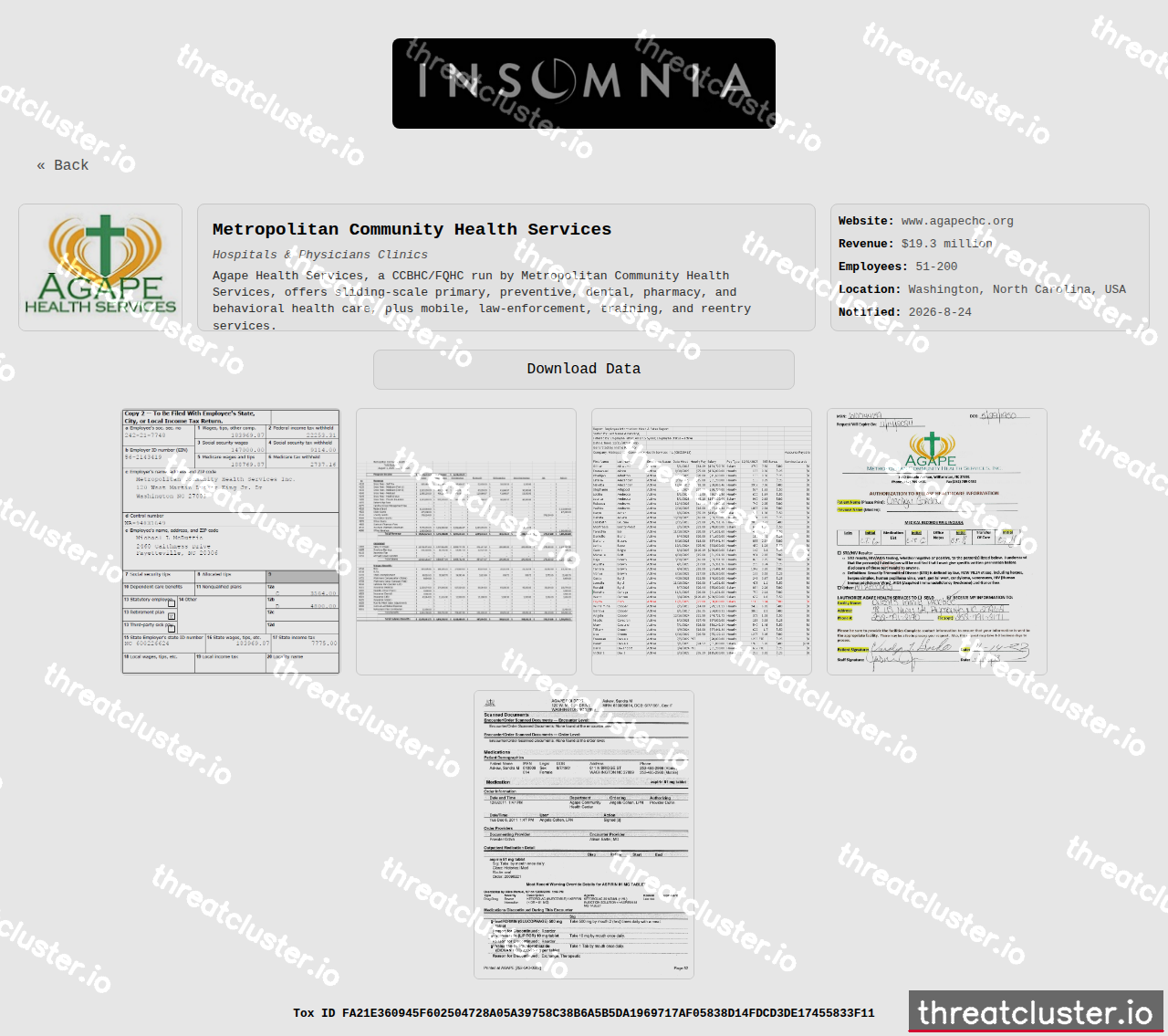 Leak-site post naming Metropolitan Community Health Services, captured by ThreatCluster