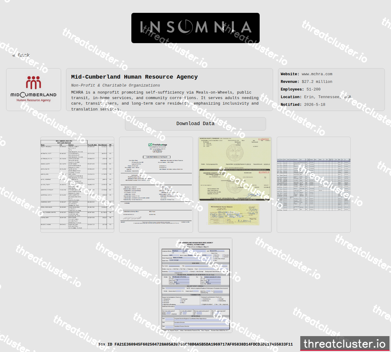 Leak-site post naming Mid-Cumberland Human Resource Agency, captured by ThreatCluster