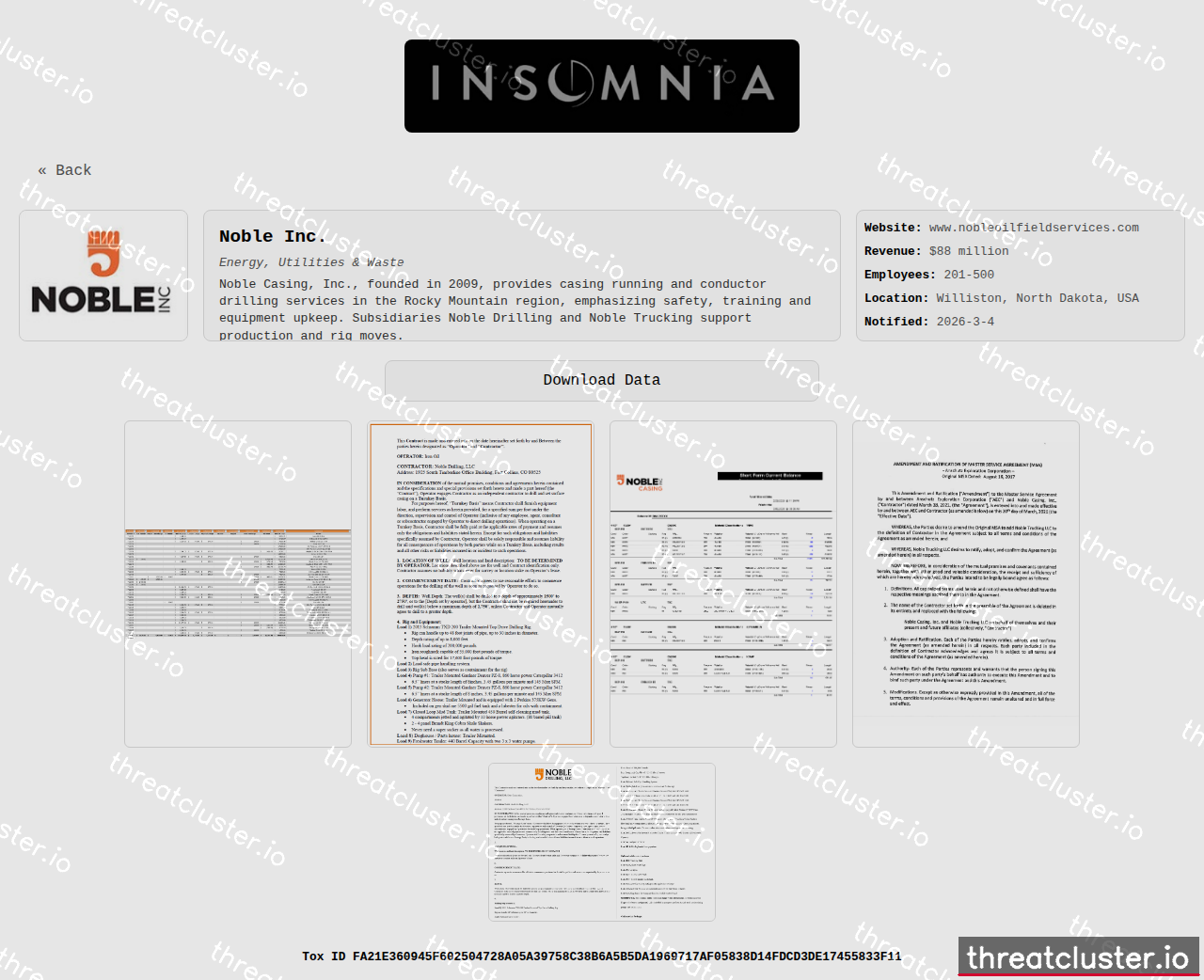 Leak-site post naming Noble Inc., captured by ThreatCluster