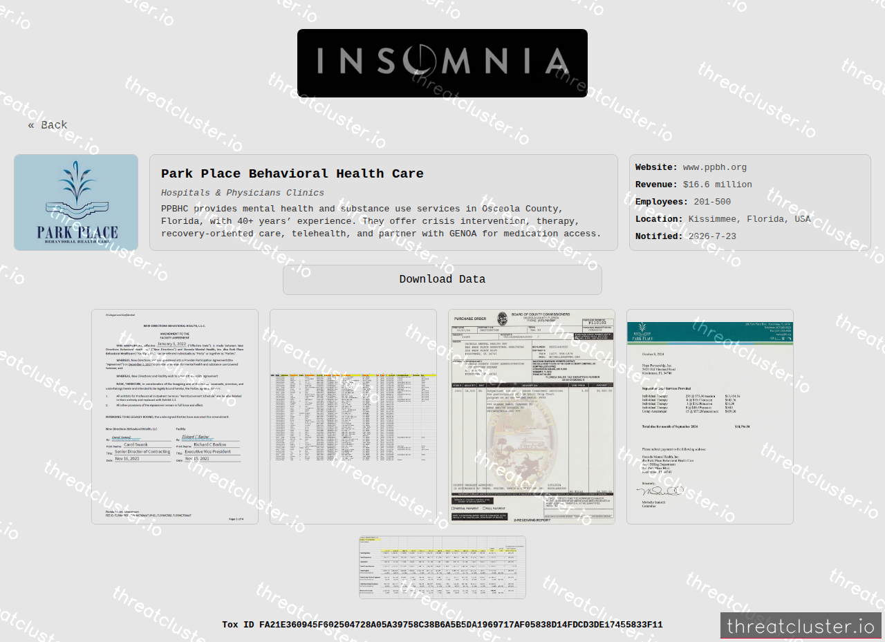 Leak-site post naming Park Place Behavioral Health Care, captured by ThreatCluster